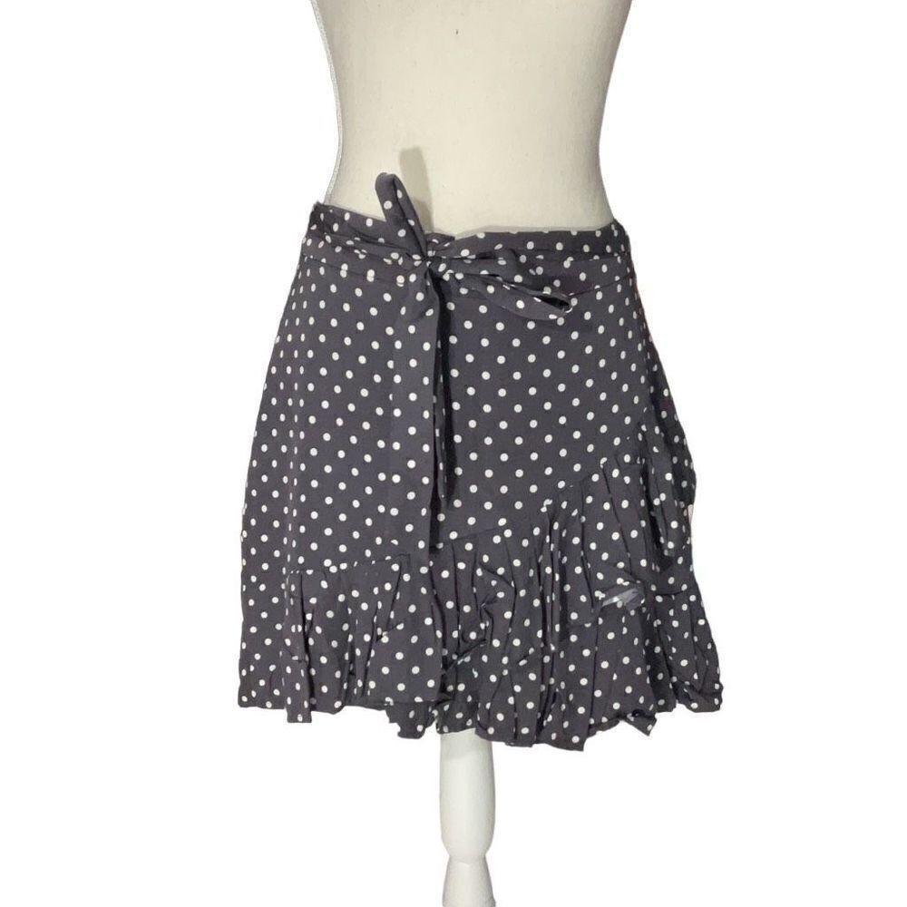 Bardot Gray White Polka Dot Ruffled Hem Belted Lined Short Skirt Sz US 8 UK 12